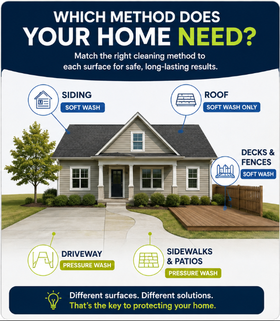 Guide showing which Northern Connecticut home surfaces need soft washing or pressure washing, including siding, roofs, decks, driveways, and patios